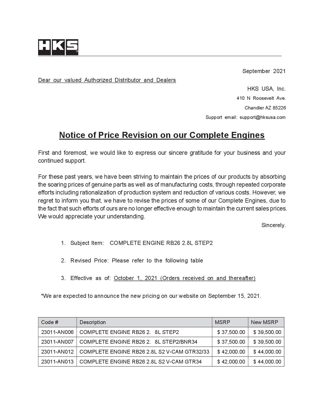 Notice of Price Revision of Complete Engine for Skyline GT-R.png